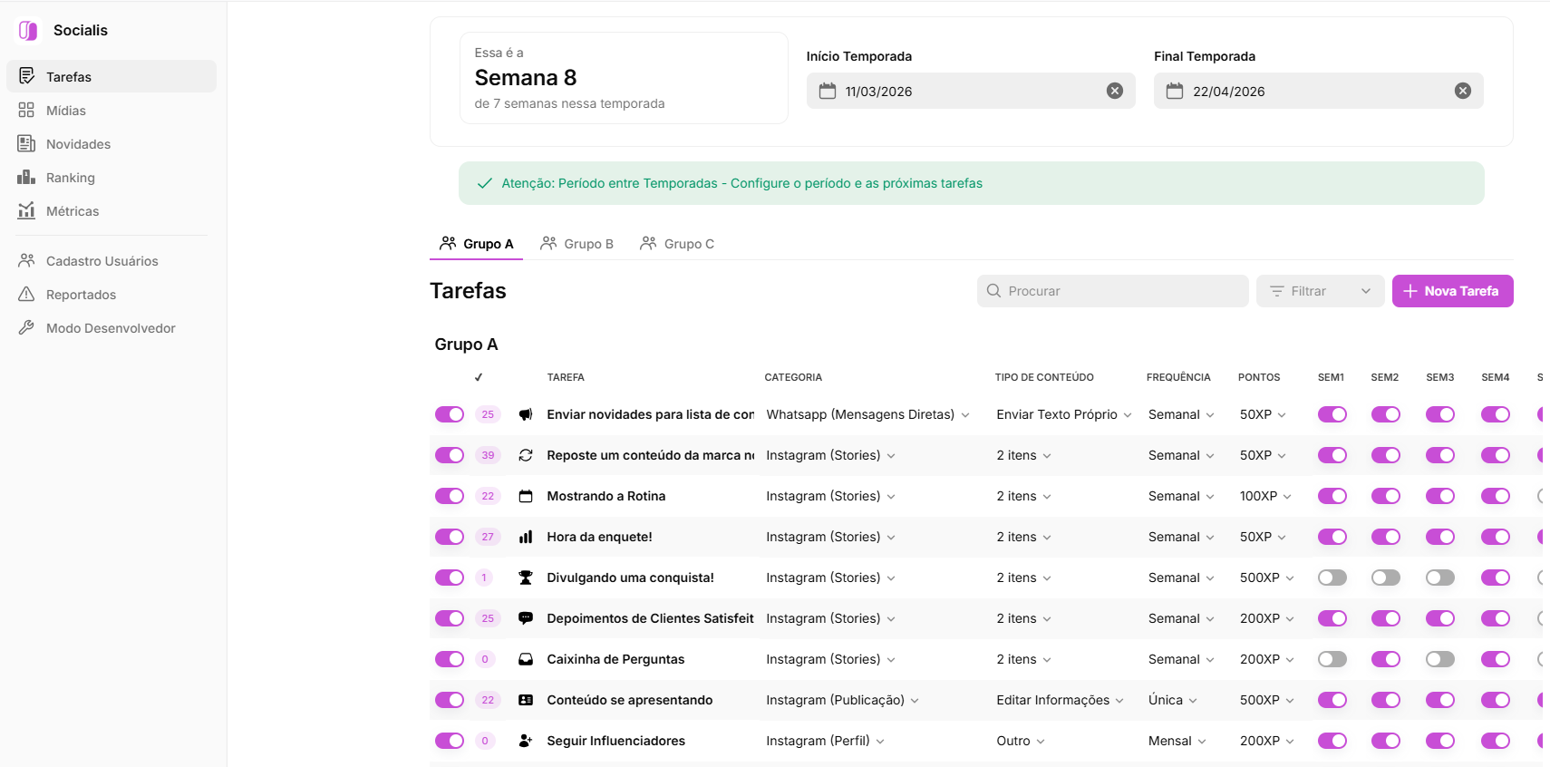 Plataforma Socialis — tela de tarefas